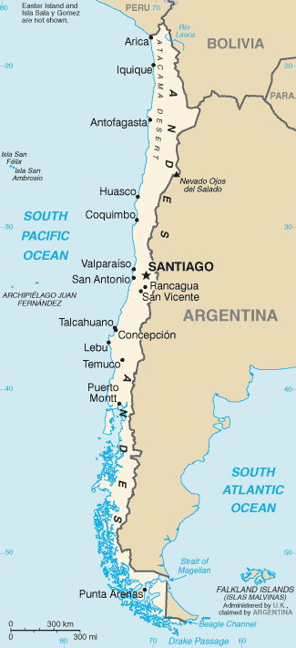 Map of Chile. The Straits of Magellan, between the mainland and Tierra del 