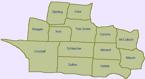 Map of Counties in the Concho Valley Region of Texas.
