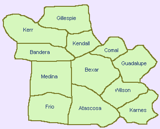 Map of Counties in the Alamo Area Region of Texas