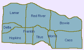 Map of Counties in the Ark-Tex Region of Texas.