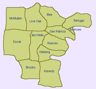 Map of Counties in the Coastal Bend Region of Texas.