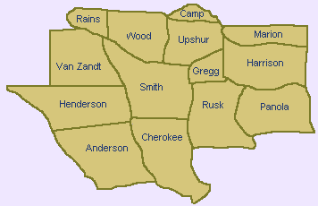 Map of Counties in the East Texas Region of Texas.