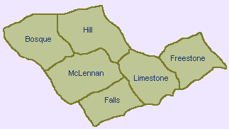 Map of Counties in the Heart of Texas Region of Texas.