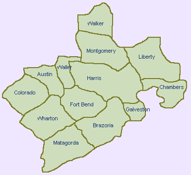 Map of Counties in the Houston-Galveston Area Region of Texas
