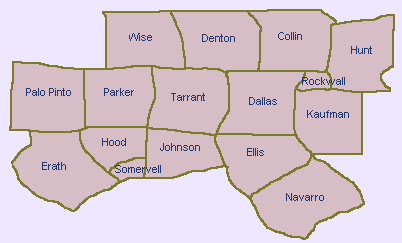 Map of Counties in the North Central Texas Region of Texas.
