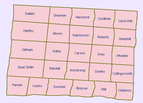 Map of Counties in the Panhandle Region of Texas