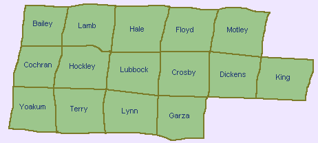 Map of Counties in the South Plains Region of Texas.